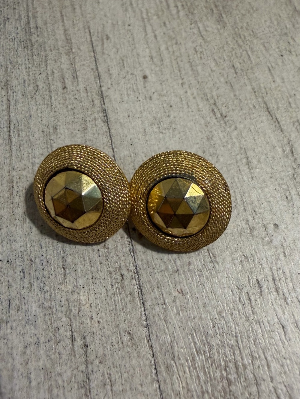 Trifari Gold-Tone Textured Faceted Button Earrings clip on